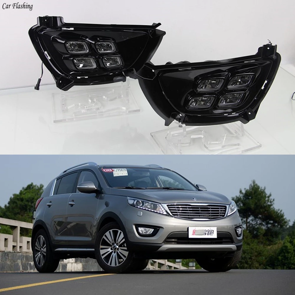 Автомобильная проблесковая 1 комплект 12 V, АБС-пластик, Автомобильный светодиодный DRL Габаритные огни Дневной светильник с отверстием для противотуманной лампы светильник крышка для KIA Sportage R