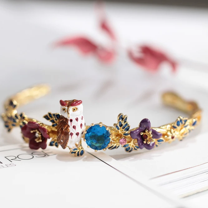 Франция Мода позолоченный Браслет Эмаль Глазурь Violet Сова Сапфир Цветок Лист Люк