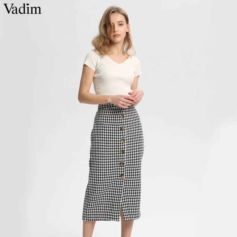 Vadim Женская винтажная клетчатая миди юбка faldas mujer Houndstooth пуговицы Ретро одежда