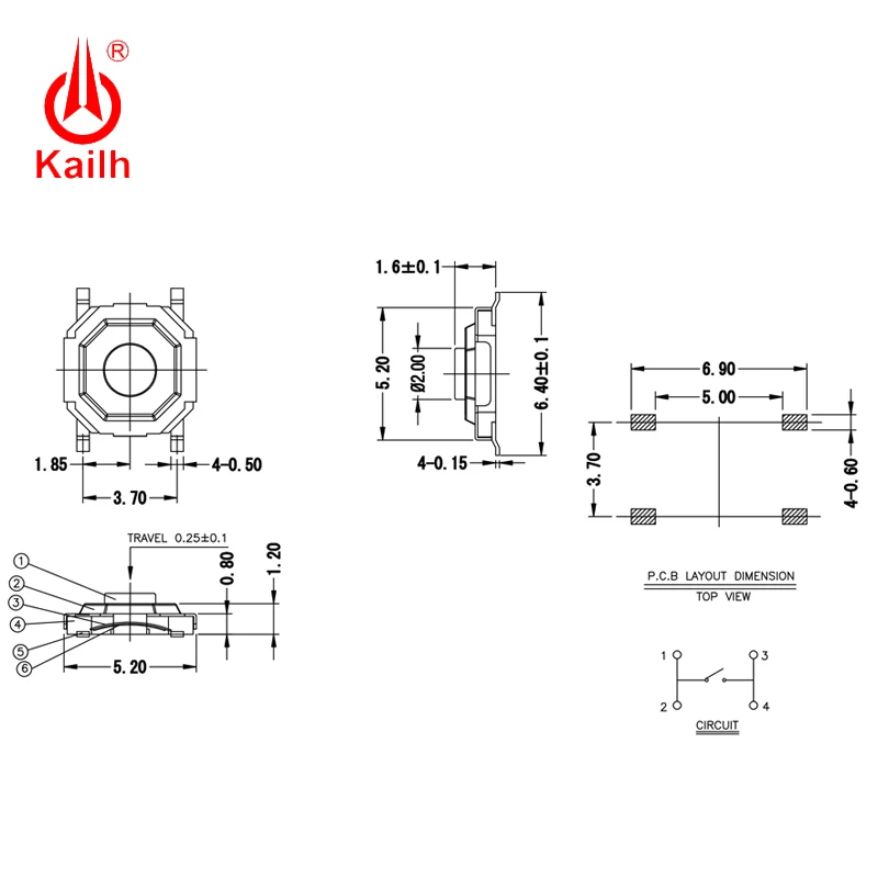 Kailh 35 шт./лот SMD 4Pin 4*4*1 5/1 6/1 7/2 0/2 5 тактильная тактовая кнопка микро-Медная головка
