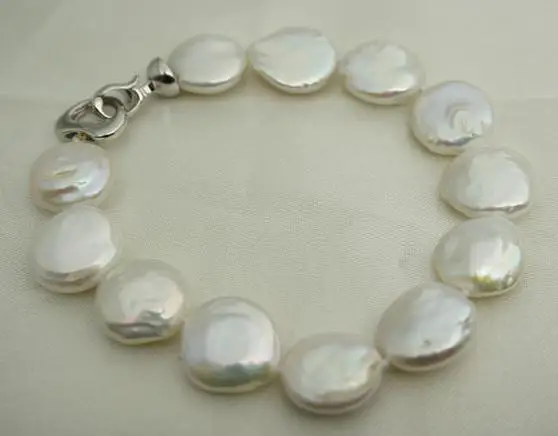 

13-14mm Huge White Color Freshwater Pearl Bracelet Coin Pearl Jewelry Nice Heart Clasp New Free Shipping