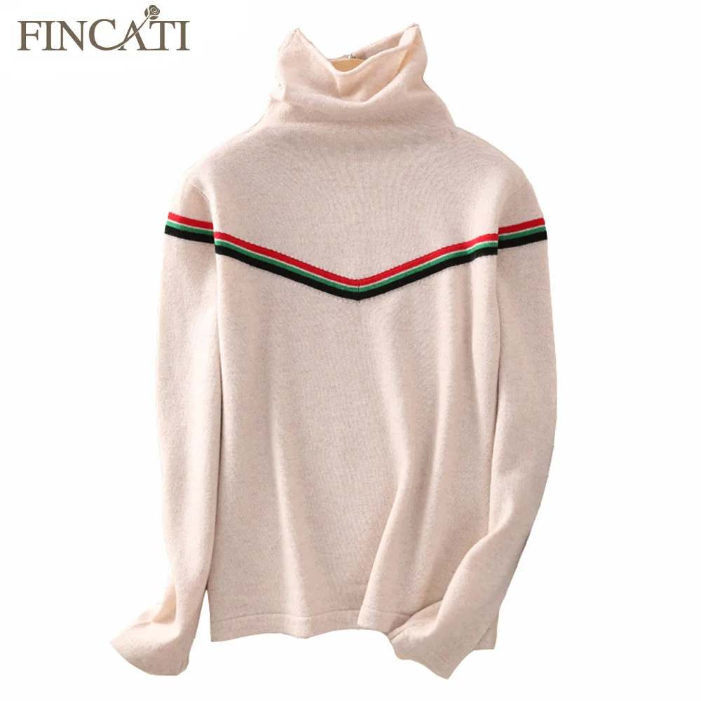 

Women Pullover Autumn Winter High Quality 100% Pure Cashmere Pile Collar Contrast Color Patchwork Casual Bottom Sweater