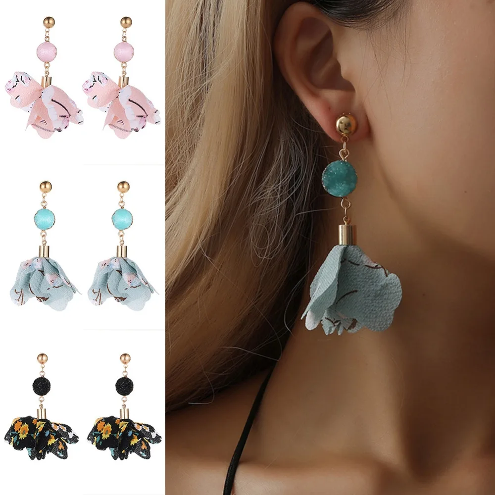 Новый 2018 многослойная ткань шифон цветочные лепестки падение серьги длинные