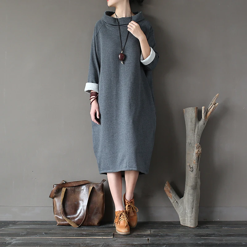 SCUWLINEN, осенне-зимнее платье, хлопок, женское платье, Vestidos, свободное, флисовое, утолщенное, водолазка, длинный рукав, длинный халат S60
