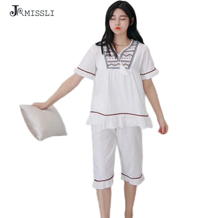JRMISSLI Женщины Pajama Наборы Сон Вышивка Хлопок Гостиная Пижамы Домашней Одежды