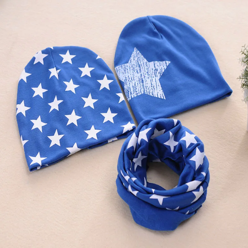 3 pcs dark blue Демисезонный детская шапка шарф для девочек, для мальчиков с принтом звезды хлопок Кепки шрам O кольцевой ошейник теплая шапочка шарфы - Цвет: 3 pcs dark blue