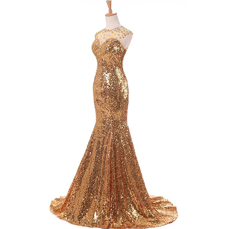 Женское золотистое платье с круглым вырезом длинное вечернее без рукавов со