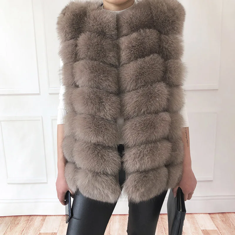 Light khaki Жилет из натурального Лисьего меха Короткий без рукавов настоящий Лисий мех пальто куртка меховая куртка натуральный мех пальто жилет - Цвет: Light khaki