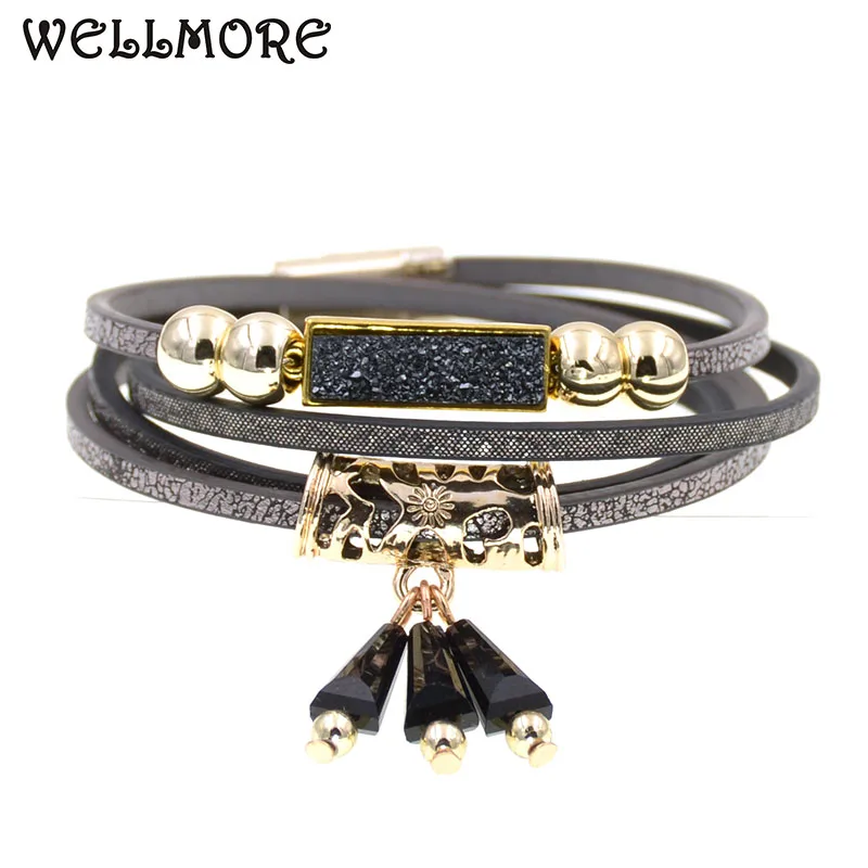 WELLMORE модный кожаный браслет бисерный Кристальный Шарм браслеты для женщин
