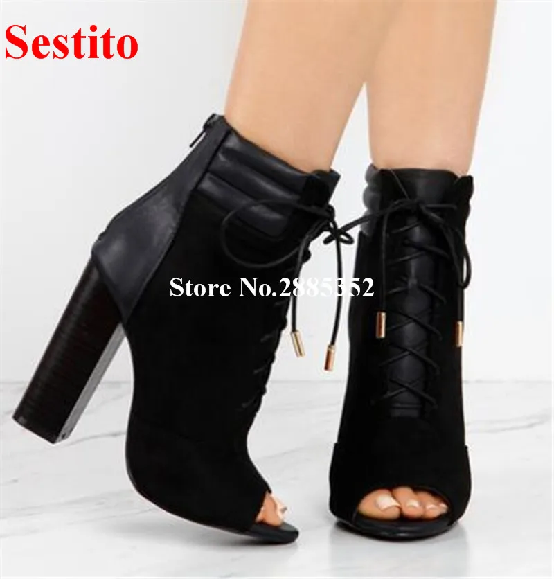 

Hot Sale Women Boots Thick Heel Peep Toe Lace Up Zipper Detail Cross-tied Ankle Boots High Heels Black Spring Autumn Booties