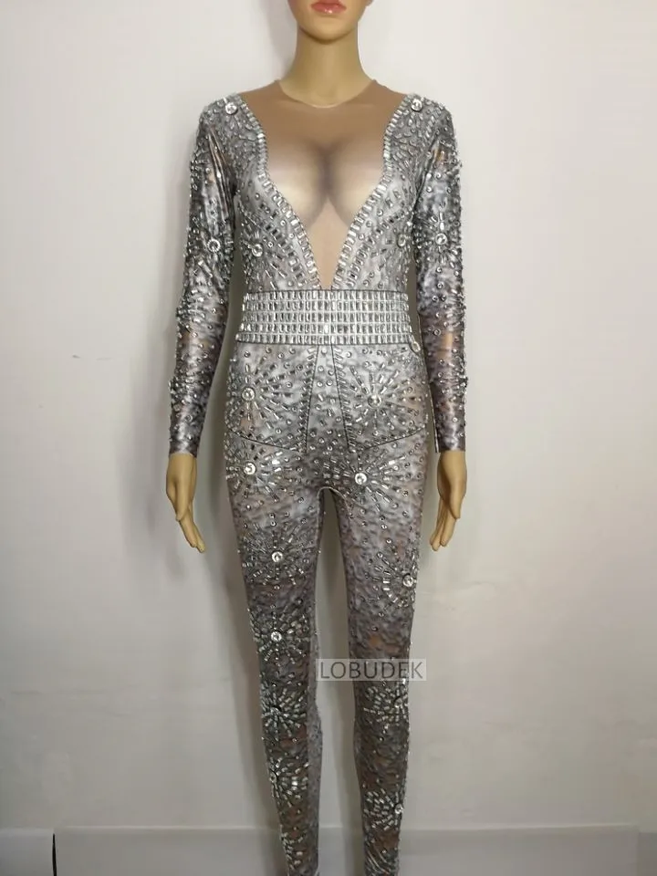 Женский Блестящий Комбинезон со стразами сценический костюм сексуальный