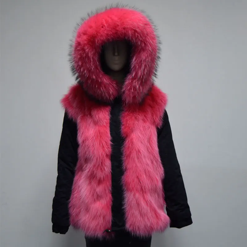 Персиковый Финк Цвет Лисий Мех куртка для женщин зимняя одежда обе стороны