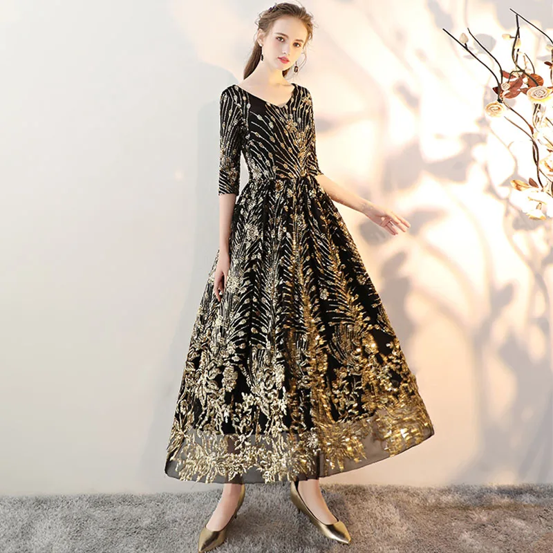 Винтажное платье Vestido De Baile De Tornozelo блестящие кружевные вечерние платья полупальто длиной до щиколотки черные платья для выпускного вечера