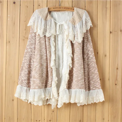 light brown Милый кардиган в стиле мори для девочек, вязаный хлопковый кружевной кардиган с расклешенными рукавами и гофрированным воротником и поясом, верхняя одежда в японском стиле Харадзюку, повседневная куртка, пальто, 16970 - Цвет: light brown