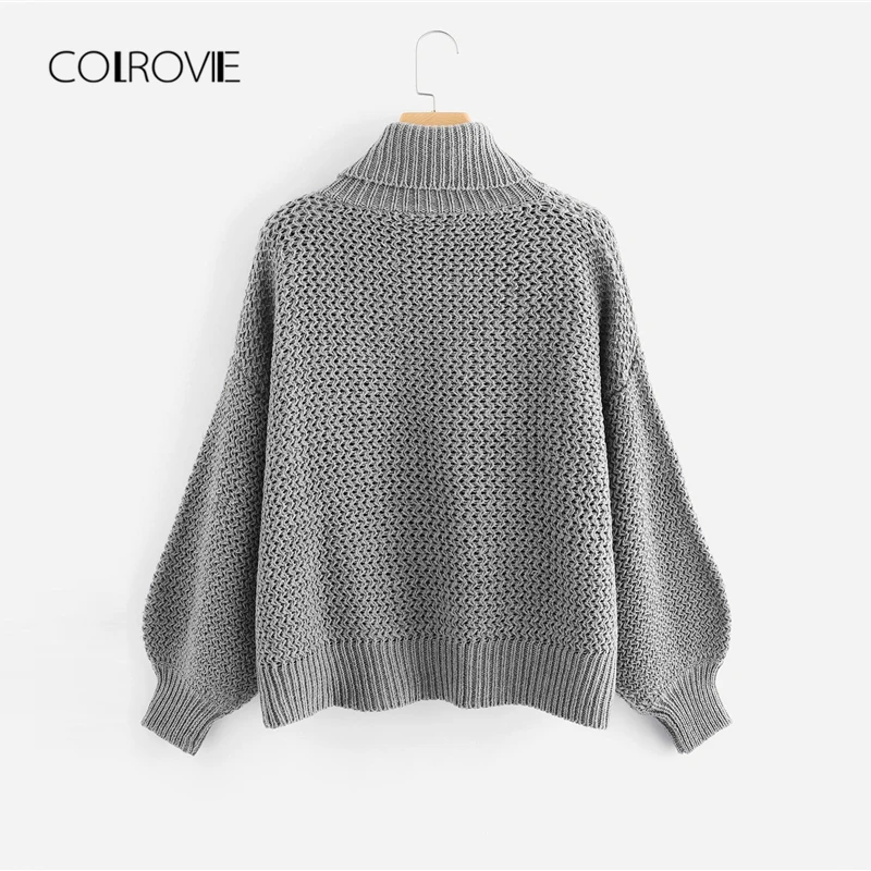 COLROVIE серый свитер с высоким воротом и длинными рукавами, текстурированный Корейский зимний свитер, женская одежда, Осенний офисный пуловер, повседневный джемпер