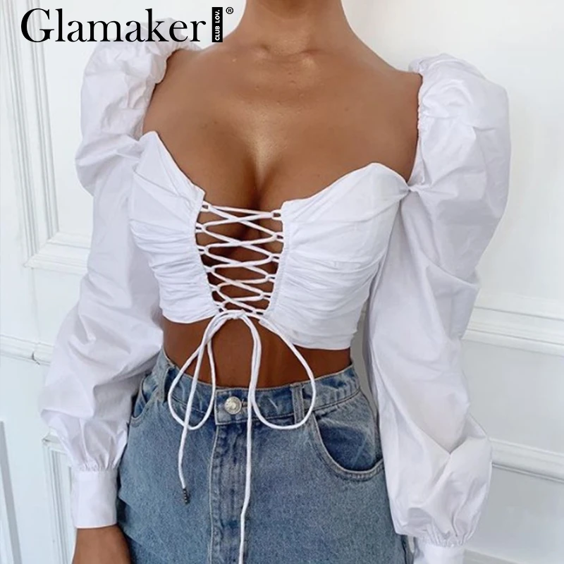 Женский укороченный топ с рукавами фонариками Glamaker белый однотонный на шнуровке