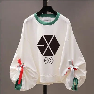 Новинка 2021 корейские свободные однотонные толстовки kpop EXO с бантом Женский