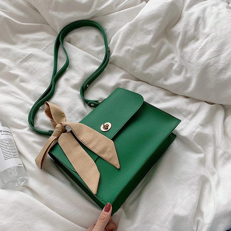 green Elegant Female Ribbon Bow Flap Square bag New Quality PU Leather Women's Designer Handbag Travel Shoulder Messenger Bag - Color: green