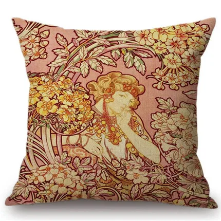 02 Vintage European Art Nouveau Mucha Gallery Decorative Sofa Pillow Cover Beautiful Beauty Girl Cotton Linen Luxury Cushion Cover - Цвет: 02