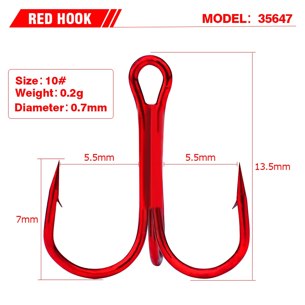 

10 PCS / lot 2 # 4 # 6 # 8 # 10 # Red Fishing Hook High Carbon Steel Triple inverted Hooks Round Bend Triple For Fishing Tackle
