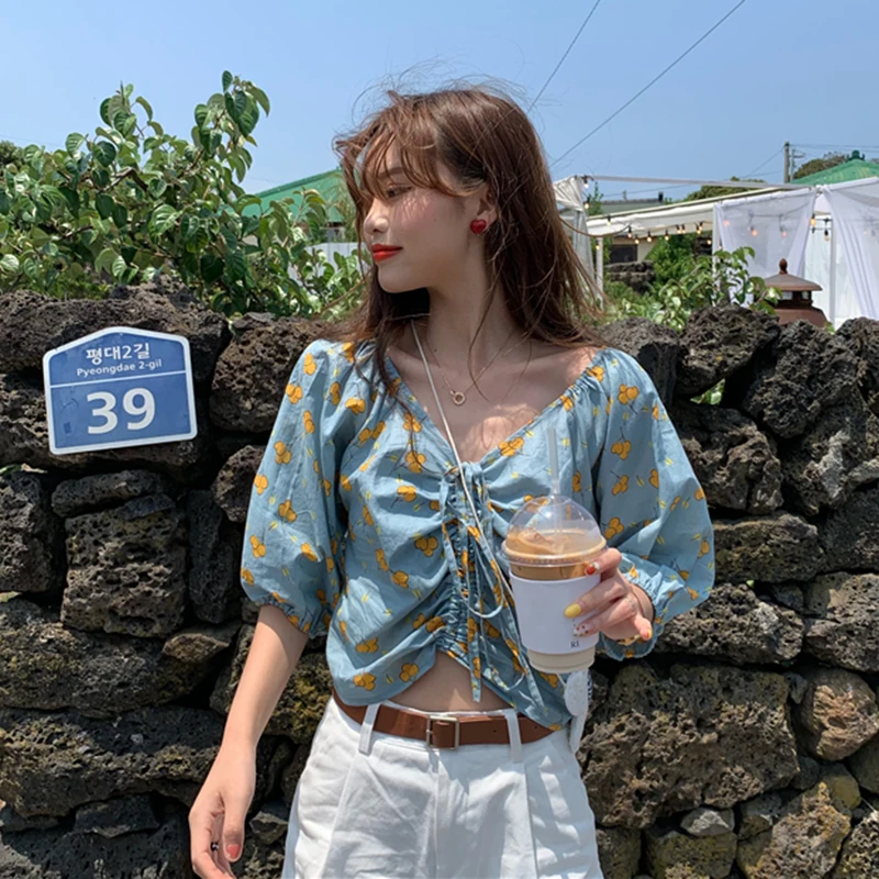fashion puff sleeve Drawstring lace up summer new v-neck sweet Blouses Women Shirts brand Korean tops aesthetic hot ins |