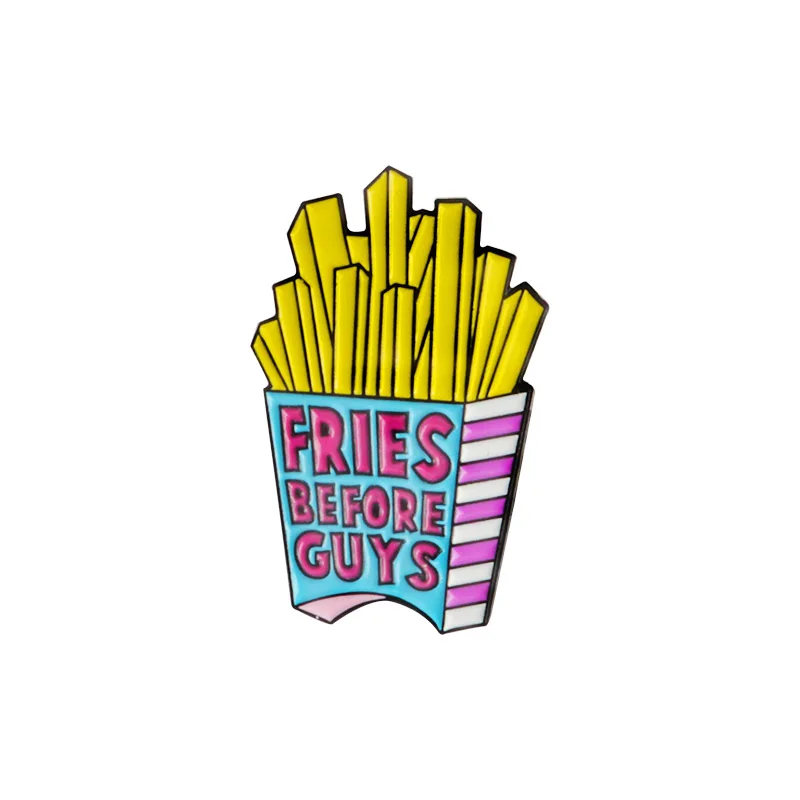 Большая мультяшная надпись "Fries Before Guys" свежий мальчик слезы напиток коробка сука спрей милый Сплав Брошь металлические значки шляпа рубашки лацкане Эмаль Булавка - Окраска металла: Fries