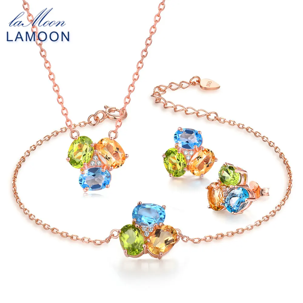 LAMOON 3ct Овальный Желтый цитрин Зеленый Перидот Голубой топаз 925