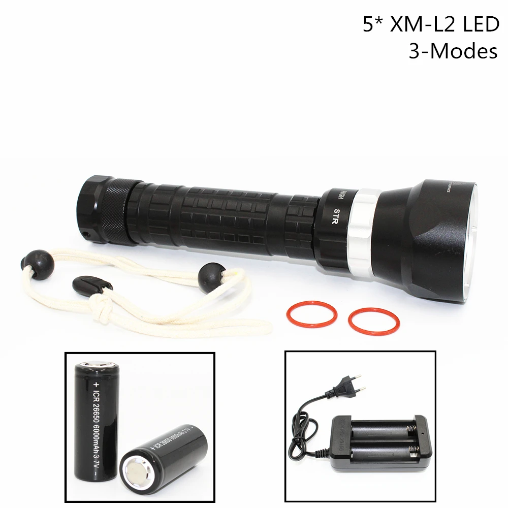 6000LM Underwater 100M Diving Waterproof 5*XM-L2 LED Flashlight Torch 3 Modes Light Lamp Use 2x 18650/26650 Battery+Charger