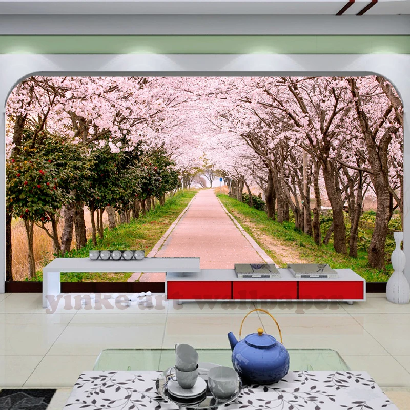 Настенные 3d обои в стиле кантри с изображением розовых цветков вишни