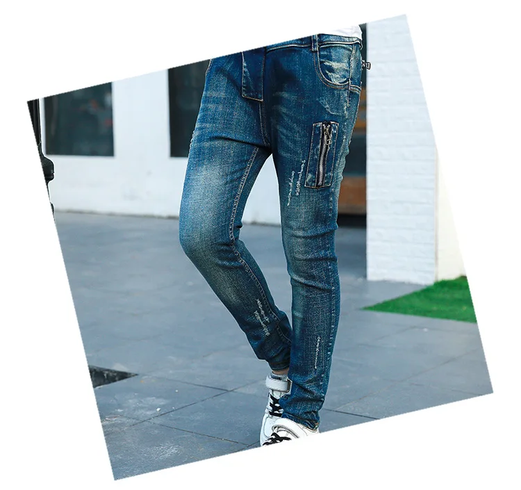 Джинсы для мальчиков-подростков джинсовые рваные штаны с потертостями кожаные