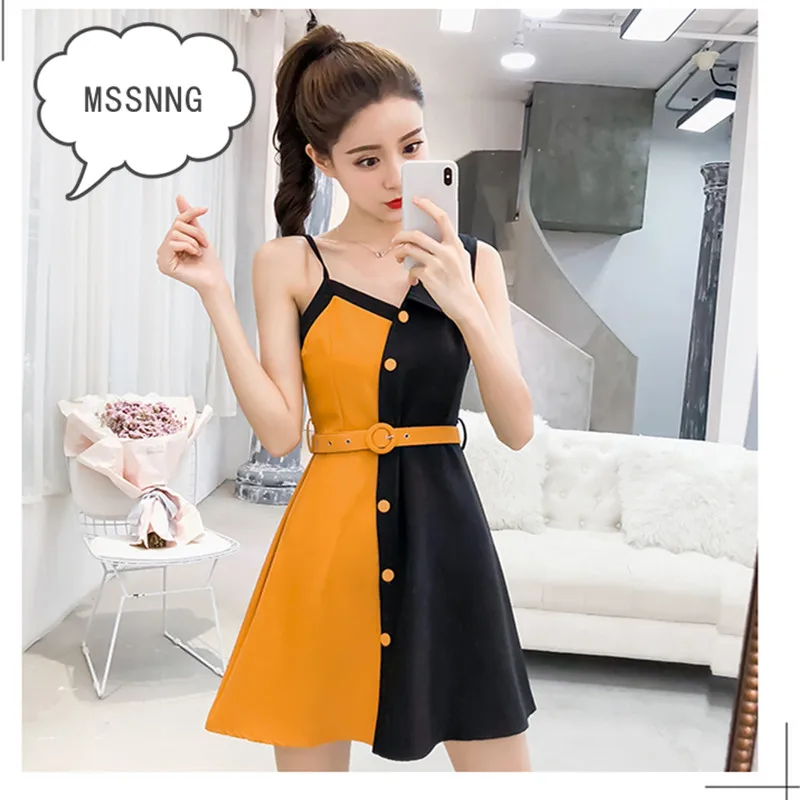 Vestiti Delle Donne Di Modo Spalle Sling Monopetto Irregolare Sexy Del Vestito Cinturino Nero giallo Splice Aderente | Женская одежда
