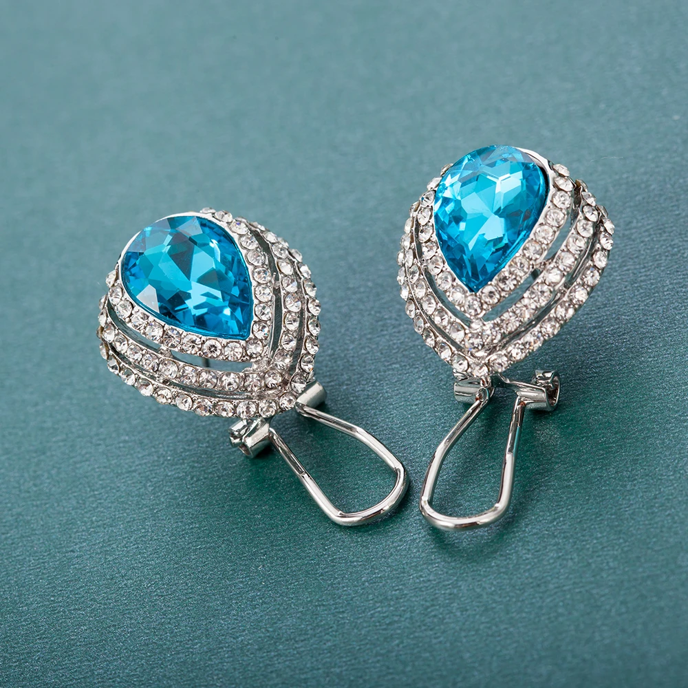 ALULU Fashion Blue Crystal Female Ear Clip Rhinestone Earrings Silver Plated Jewelry For Women Brincos | Украшения и аксессуары