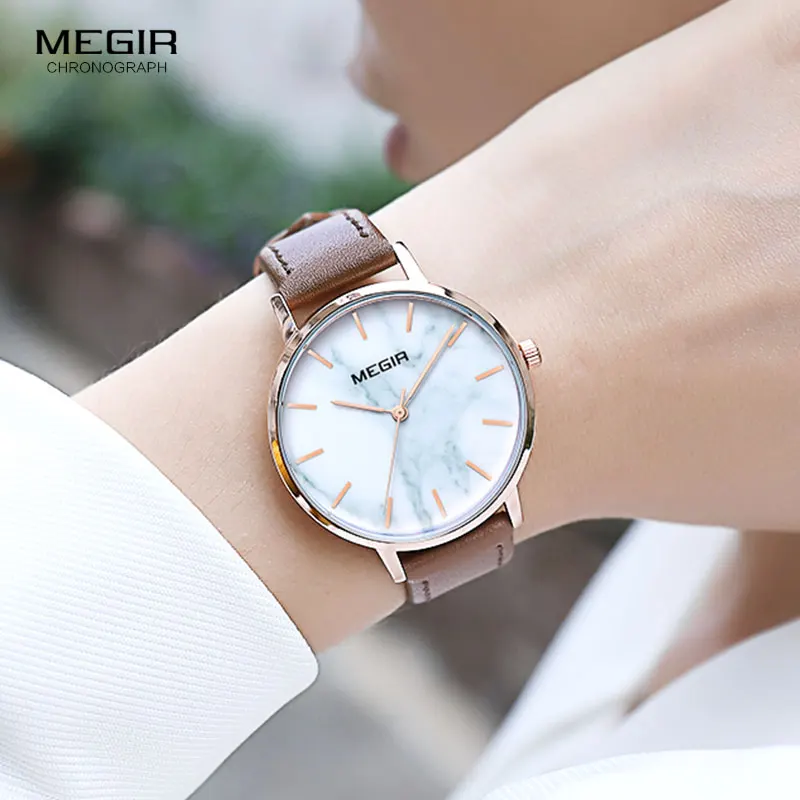 

MEGIR Leather Strap Quartz Watches for Women Simple Analogue Ultra Thin Wristwatch for Lady Relogios Femininos Clock 4204 Brown