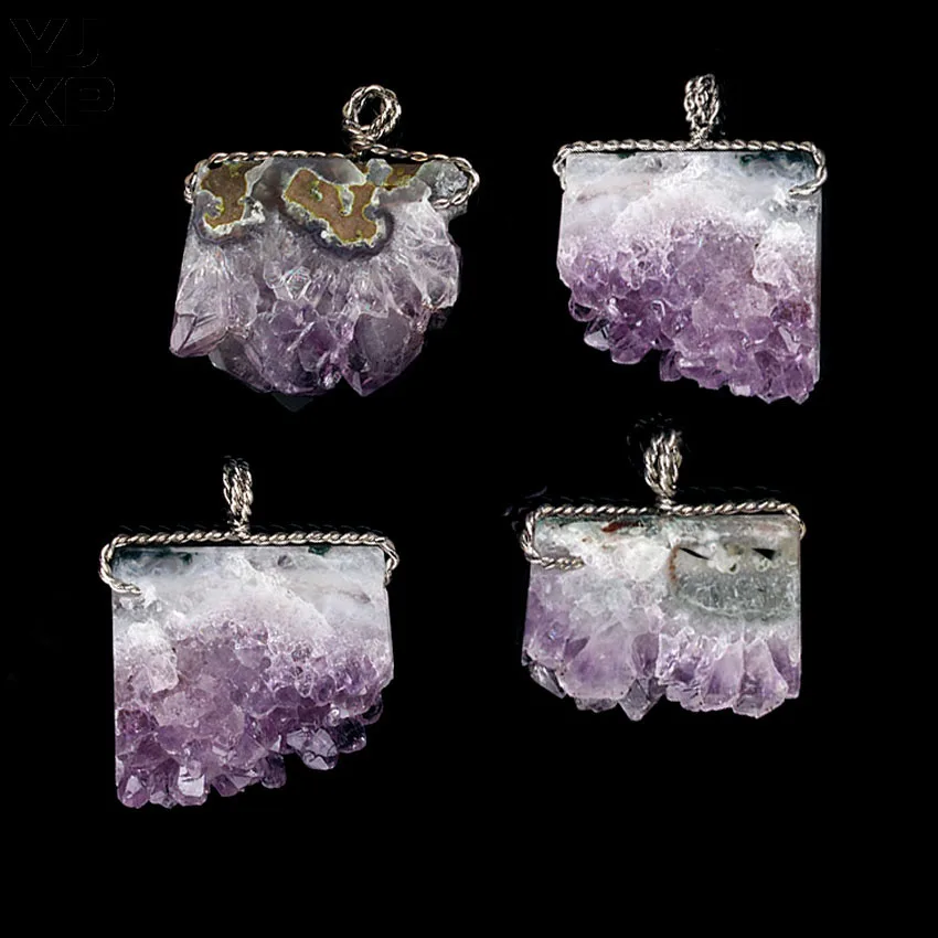 YJXP Натуральный Необработанный кристалл жеодовый аметист проволочный обернутый
