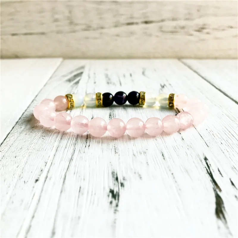 Natural Opal Rosequartz Purple Quartz Bracelet Wrist Pink Beads Yoga Mala Women's Gift Energy Protection Jewelry | Украшения и
