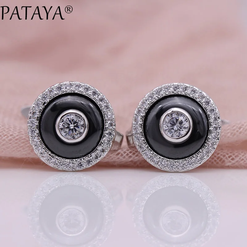 PATAYA новые черные белые керамические круглые серьги 585 розовое золото натуральный циркон Висячие серьги для женщин Свадебные уникальные ювелирные изделия