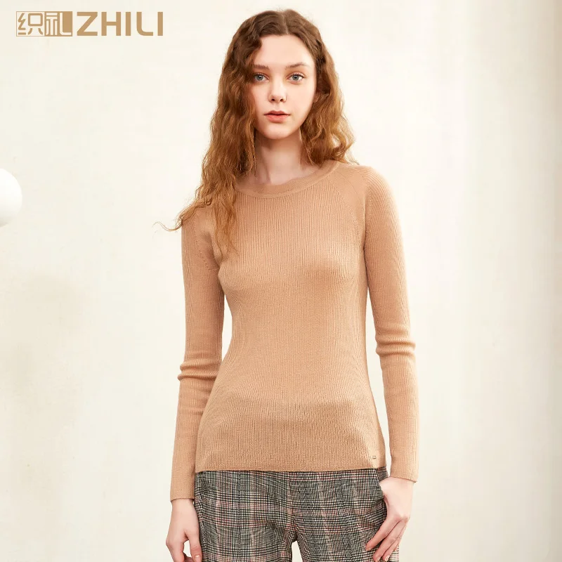 

ZHILI 2019 Spring Autumn Knit Pullover Solid Thin Wool Sweater