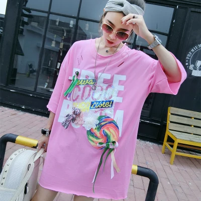 Футболка женская длинная с блестками и мультяшным медведем NS656|tees women|top cutet shirt
