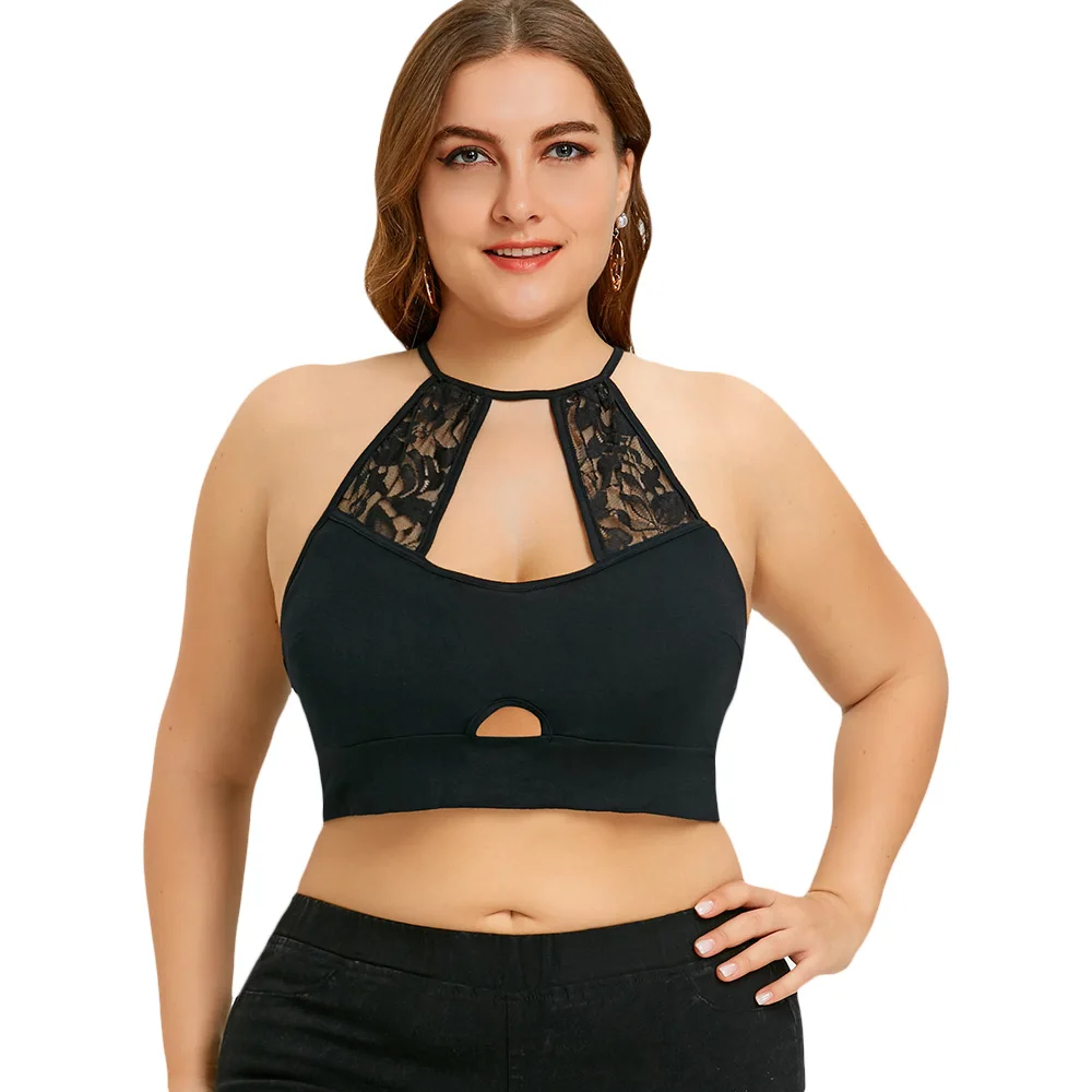 Wipalo, Женская майка размера плюс 5XL, сексуальная, кружевная, кроше, отделка, вырез, камзол, черный, короткий топ с бретельками, без косточек, летние топы
