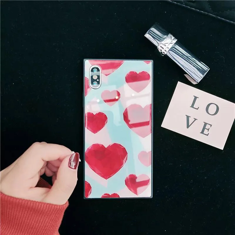 Red Love Heart Tempered Glass Phone Case For iphoneX 8 8plus Square Cover iphone6 6s 7 7plus | Мобильные телефоны и