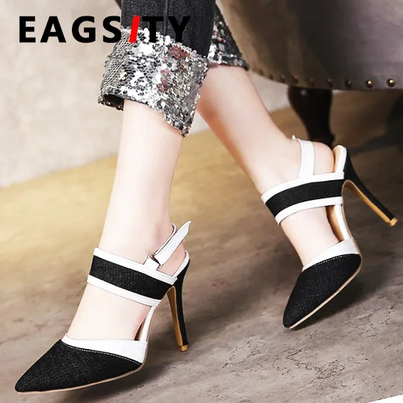 Джинсовые парусиновые Босоножки на каблуке-шпильке Обувь с острым носком