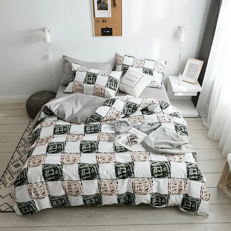 

100% Cotton Bedding Sets Simple Squares Include Duvet Cover+Bed Sheet+Pillowcases 3/4 Pieces Bed Set Fitted Sheet