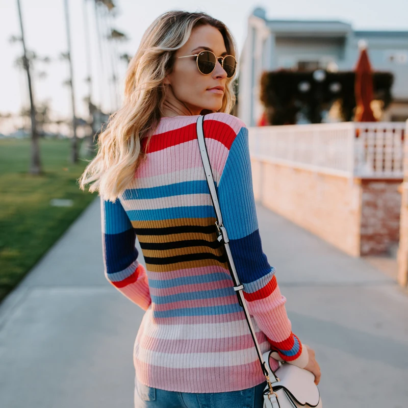 Fashion Striped Rainbow Sweater Women 2018 Autumn Winter Knitted Tops Sweaters Pullovers Long Sleeve Fitness Casual Jumper Femme | Женская