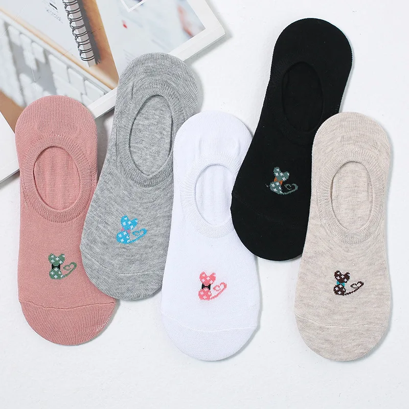 Jeseca 5 Pairs/Lot Women Cotton Sock Cartoon Animal Cute No Show Sock Japanese Kawaii School Student Invisible Non-slip Boat Sox
