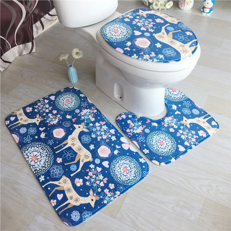 

3Pcs/Set Bathroom Mat Set Eometric Pattern Anti Slip Kitchen Bath Mat Coral Fleece Floor Mats Washable Bathroom Toilet Rug Cart