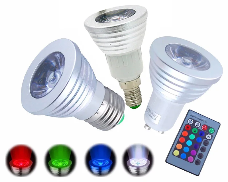 Светодиодный RGB лампа E27 E14 GU10 85-265V MR16 12V светодиодный сменный светильник 3W волшебный праздник RGB Освещение+ пульт дистанционного управления 16 цветов