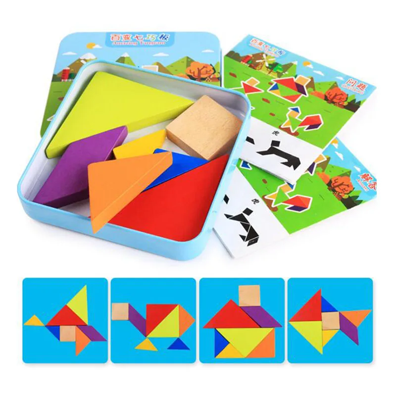 Деревянная головоломка Tangram из 7 частей красочные квадратные игры IQ