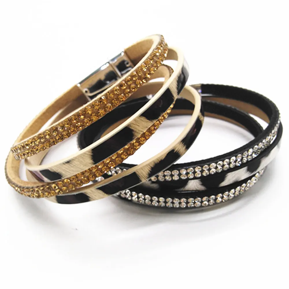 Leopard Rhinestone многослойные кожаные браслеты ручной работы женские модные манжеты