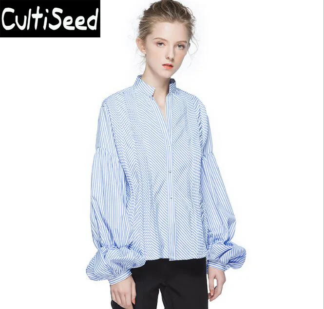 

V-neck Striped Lantern Sleeve Shirts Clothes 2020 Spring Female Elegant Office Work Loose Shirts Blouses Tops