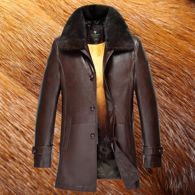 

2018 Autumn Winter mink fur collar Faux Leather Fur Coat Men Warm Thick Long Sleeve High Quality Leather Jacket Fur Coats
